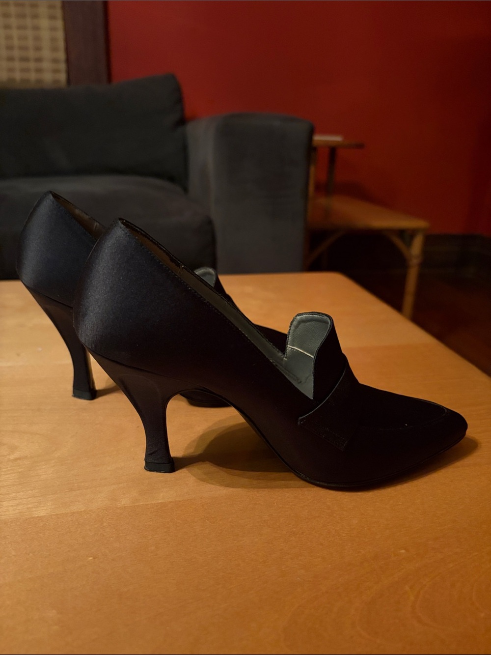 Nina Black Pointed-Toe Loafer with 3 inch heel.